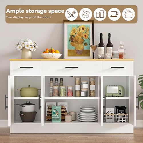 Buffet Cabinet with Storage, Farmhouse Coffee Bar Cabinet with Drawers, 53” Large Modern Sideboard Buffet with Adjustable Shelves for Kitchen, Dining Room, White