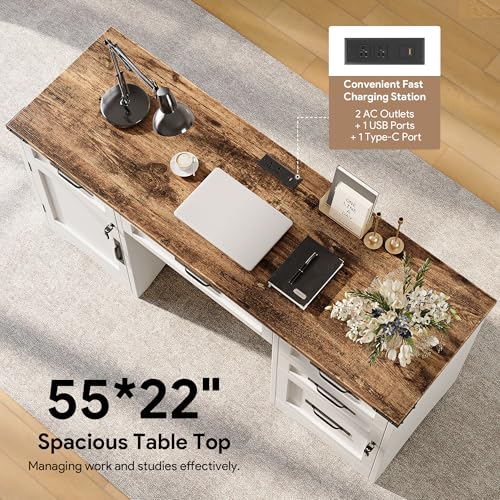 55" Farmhouse Executive Desk with Drawers, White, view 6