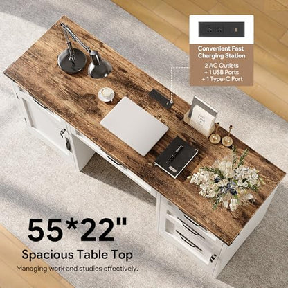 55" Farmhouse Executive Desk with Drawers, White, view 6