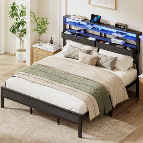 King Bed Frame with Storage, LED Lights and Charging Station, view 2