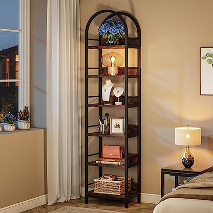 Tribesigns 6-Tier Open Bookshelf, 78.7" Tall Arched Bookcase Narrow Bookshelf with Metal Frame, Freestanding Corner Bookcase Display Shelves for Living Room, Home Office, Rustic Brown