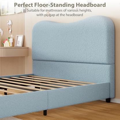 Queen Bed Frame with Boucle Fabric, Blue, view 9