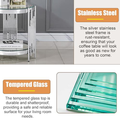 20" Round Glass End Table, 2-Tier Silver Side Table with Stainless Steel Legs and Clear Tempered Glass, Modern Luxury End Table for Living Room Home Office