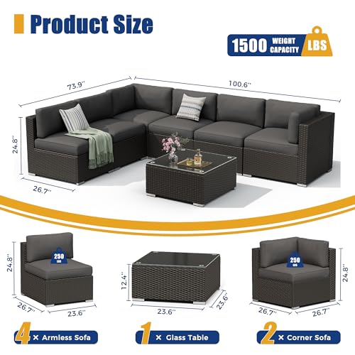 7 Pieces Outdoor Patio Furniture Set, Black Brown Wicker Patio Sectional Sofa Set, Outdoor Couch with Cushion and Tempered Glass Table, Grey