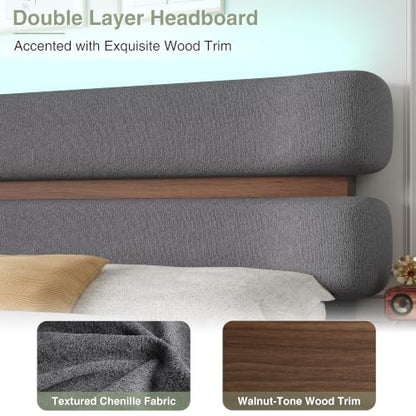 Queen Upholstered LED Bed Frame with Wood Trim Headboard & Storage, Grey, view 4