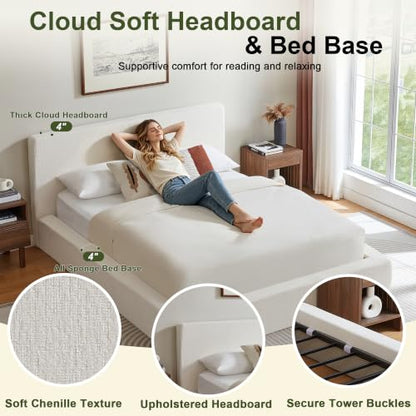 Queen Cloud Bed Frame with Headboard, No Box Spring Needed, White-Style A, view 5