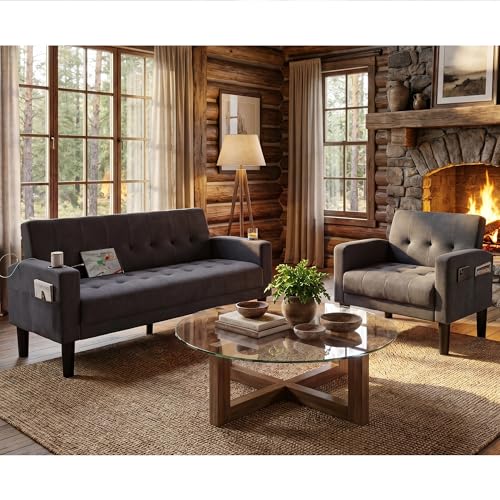 Sofa Couch, Living Room Furniture Sectional Sofa Sets 2 Pcs, Tufted Mid-Century Loveseat w/USB, Cupholders & Comfy Single Sofa for Small Space, Apartment, Office (Dark Grey)