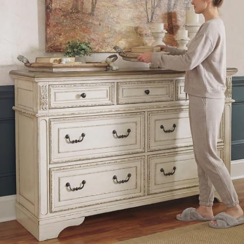Signature Design by Ashley Realyn French Country 7 Drawer Dresser, Two-Tone Chipped White and Distressed Wood Finish, Smooth-Gliding Bedroom Storage, Ideal for Master Suites, 64" W