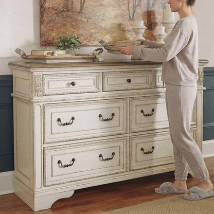 Signature Design by Ashley Realyn French Country 7 Drawer Dresser, Two-Tone Chipped White and Distressed Wood Finish, Smooth-Gliding Bedroom Storage, Ideal for Master Suites, 64" W