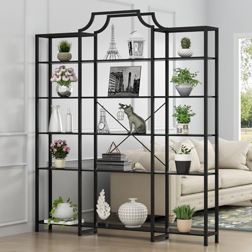 Triple Wide 5-Tier Bookshelf, 70.87" L x 79.13" H Extra Large Bookcase, Tall Open Etagere Display Shelf with Metal Frame, Freestanding Modern Storage Shelves for Home Office (Black)
