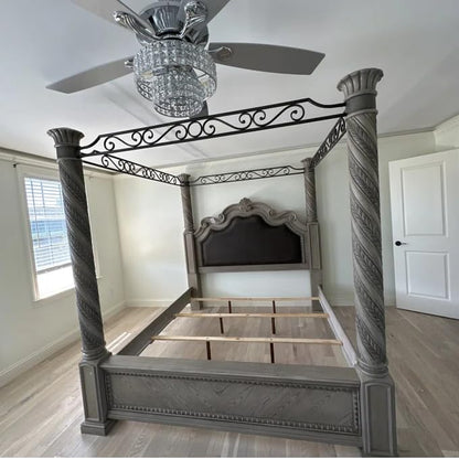 Vintage Four Poster Bed with Spiral-Carved Posts and Metal Scrollwork in Weathered Gray, view 4