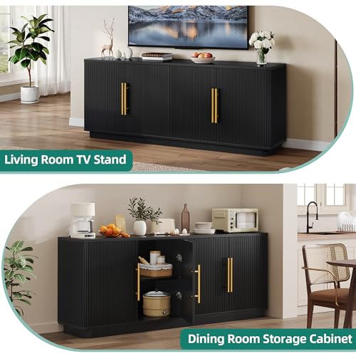 70" TV Stand for up to 80" TVs with 4 Fluted Doors, Black Oak, view 6