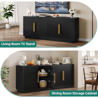 70" TV Stand for up to 80" TVs with 4 Fluted Doors, Black Oak, view 6