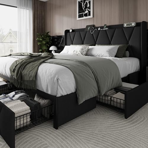 King Size Bed Frame with 4 Storage Drawers and Charging Station, view 2