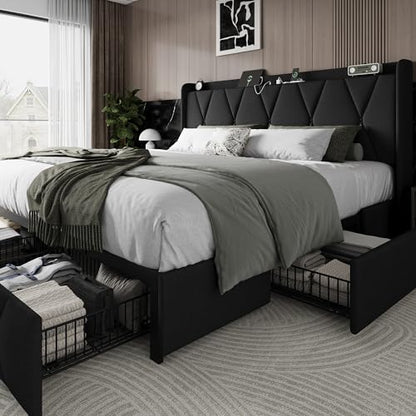King Size Bed Frame with 4 Storage Drawers and Charging Station, view 2