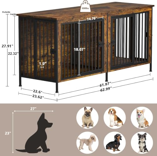 63" Dog Crate Furniture for 1 or 2 Dogs, Brown (DC102), view 6
