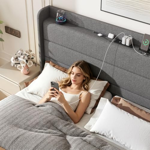 King Linen Multifunctional Bed with Charging Station & Storage Headboard, view 4