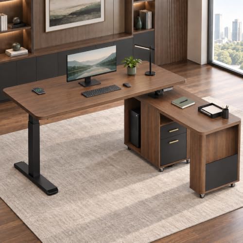 59" L Shape Electric Standing Desk w/360° Swivel Cabinet, Wireless Charging, view 2