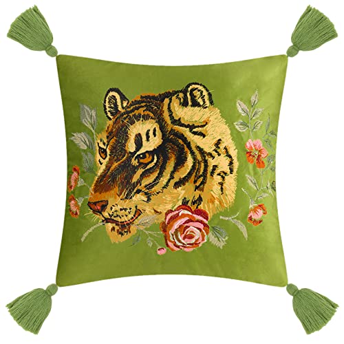 Tiger Velvet Throw Pillow Cover Decorative Flower Embroidered Accent Cushion Case Print Pillowcase for Bed Living Room Couch Bedroom 18x18 Inch Green Tassel