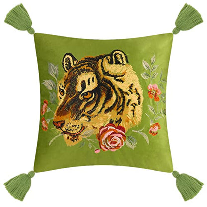 Tiger Velvet Throw Pillow Cover Decorative Flower Embroidered Accent Cushion Case Print Pillowcase for Bed Living Room Couch Bedroom 18x18 Inch Green Tassel