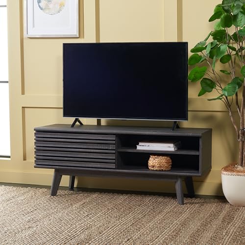 SAFAVIEH Aurelio TV Stand for up to 55" Flatscreen – Distressed Black, 1 Sliding Door with Interior Storage and Open Shelves, Entertainment Media Console (MED9600E)