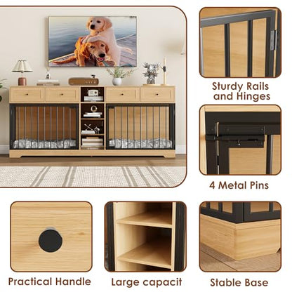 82" Large Dog Crate Furniture with Storage for 2 Dogs, Natural, view 7