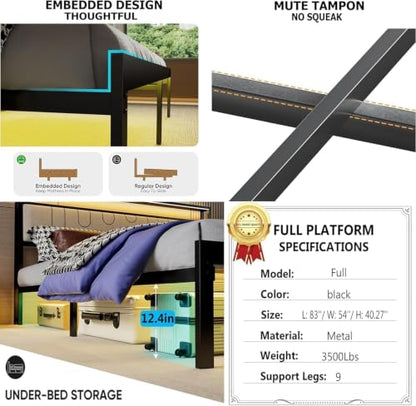 Full Bed Frames with Charging Station and LED Lights, view 7