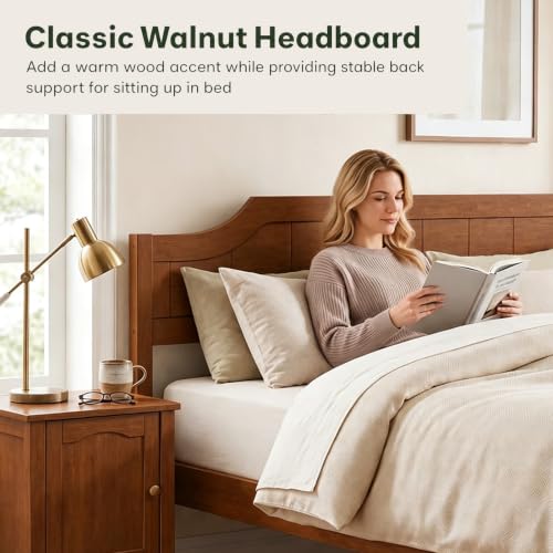 King Size Bed Frame with Headboard, Wood Platform Bed (Walnut), view 7