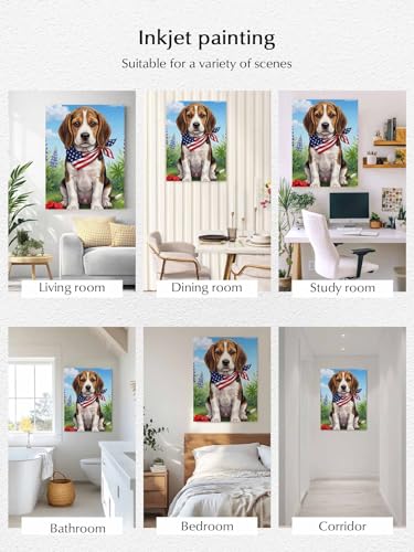 NuYeBiofx Independence Day USA Flag 4th of July Farm Flower Dog Canvas Wall Art Prints,48"x32" Framed Picture Artwork Printed Canvas Oil Painting for Living Room Bedroom Office,Ready to Hang