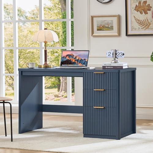 Office Desk 48" with 3 Drawers Storage File Cabinet Wood Fluted Desk for Computer Office Bedroom Home Furniture Blue