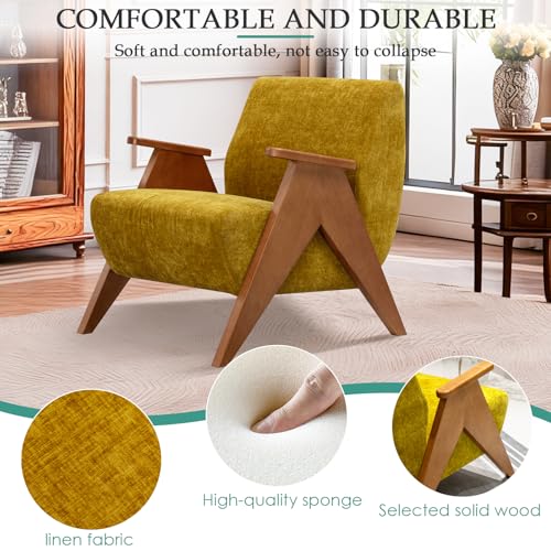 Home Accent Chair Mid Century Modern Accent Chair with Wood Frame, Lounge Upholstered Armchair, Reading Chair, Sturdy Base,For Living Room, Bedroom,Office,Comfy Guest Waiting Room Chairs,Yellow