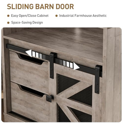 Farmhouse End Table with Charging Station, Sofa Side Table with 2 Drawers and Barn Door, Rustic Wooden Nightstand Bedside Table for Bedroom, Living Room, Greige