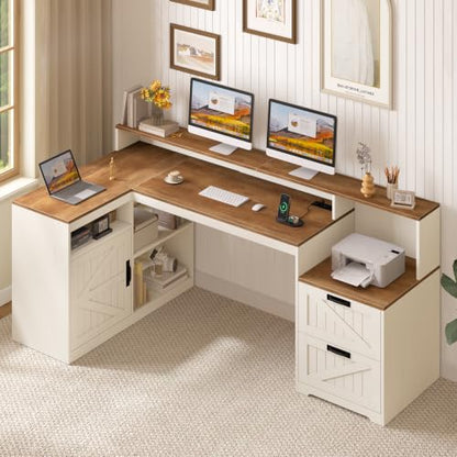 63" Farmhouse L Shaped Desk with Drawers and Printer Stand for Home Office, view 2