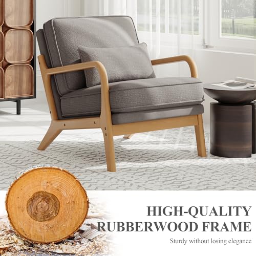 Mid-Century Accent Chair Set of 2 with Solid Wood Frame, Reading Relaxing Armchair Lumbar Pillow& Soft Cushion, Leisure Chair for Living Room, Bedroom, Waiting Room-Grey