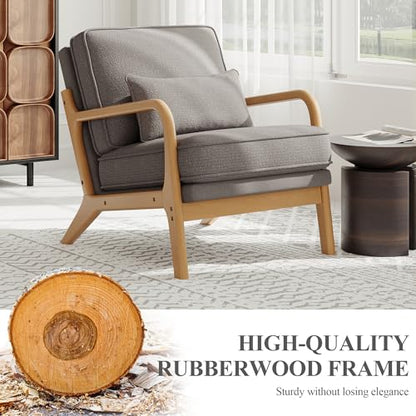 Mid-Century Accent Chair Set of 2 with Solid Wood Frame, Reading Relaxing Armchair Lumbar Pillow& Soft Cushion, Leisure Chair for Living Room, Bedroom, Waiting Room-Grey
