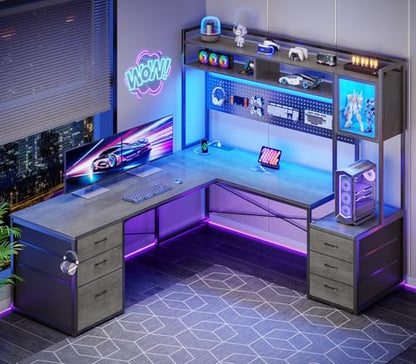 L Shaped Gaming Desk with Drawers, Reversible Computer Corner Desk with File Drawer, Hutch, Storage Shelves for Home Office, Gaming Two Person Desk with Led Lights, Power Outlet, Grey