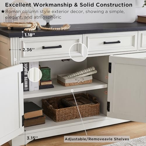 66" Farmhouse Buffet Cabinet with Storage, Sideboard Credenza with 4 Door Cabinets, Adjustable Shelves & 3 Drawers, Coffee Bar Cabinet for Dining Room, Kitchen, Living Room, Off White