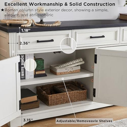 66" Farmhouse Buffet Cabinet with Storage, Sideboard Credenza with 4 Door Cabinets, Adjustable Shelves & 3 Drawers, Coffee Bar Cabinet for Dining Room, Kitchen, Living Room, Off White