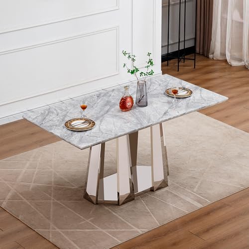Marble Dining Table for 6 People, 70'' Rectangle Faux Marble Dining Table with Mirrored Stainless Steel Base, Large Size Marble Kitchen Table (Silver,Grey)(only Table)