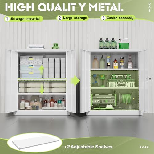 36” Metal Storage Cabinet, Locking Steel Storage Cabinet with 2 Doors and 2 Adjustable Shelves, Small Lockable Tool Storages Cabinet for Garage, Home, Office (White)