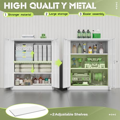 36” Metal Storage Cabinet, Locking Steel Storage Cabinet with 2 Doors and 2 Adjustable Shelves, Small Lockable Tool Storages Cabinet for Garage, Home, Office (White)
