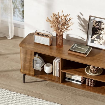 70" Mid-Century Fluted TV Stand with Storage up to 80 Inch, Walnut | Modern Entertainment Center with Sliding Doors & Open Shelves