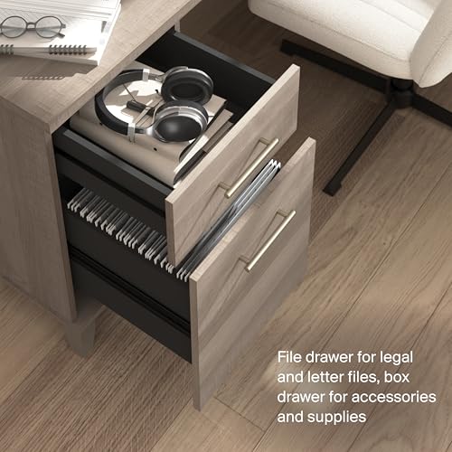 72-Inch L-Shaped Desk with Hutch, Corner Computer Office Desk with File and Box Drawers, Shelves and Storage Cabinet, Home Office Workstation, Somerset Collection, Ash Gray