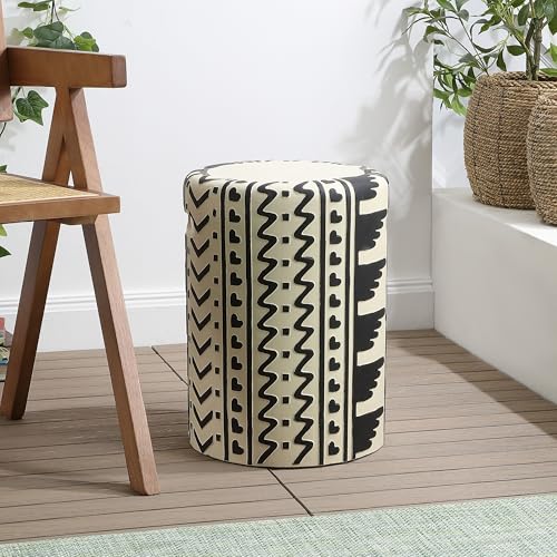 Yoli 18" Geometric Concrete Drum Garden Stool, Black/Cream | Weatherproof Accent Side Table, Indoor Outdoor Versatility, Modern Bohemian Minimalist Style, Integrated Handles