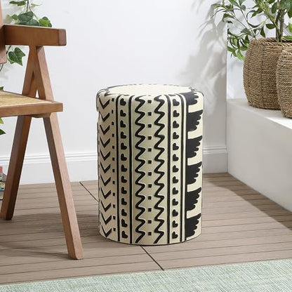 Yoli 18" Geometric Concrete Drum Garden Stool, Black/Cream | Weatherproof Accent Side Table, Indoor Outdoor Versatility, Modern Bohemian Minimalist Style, Integrated Handles