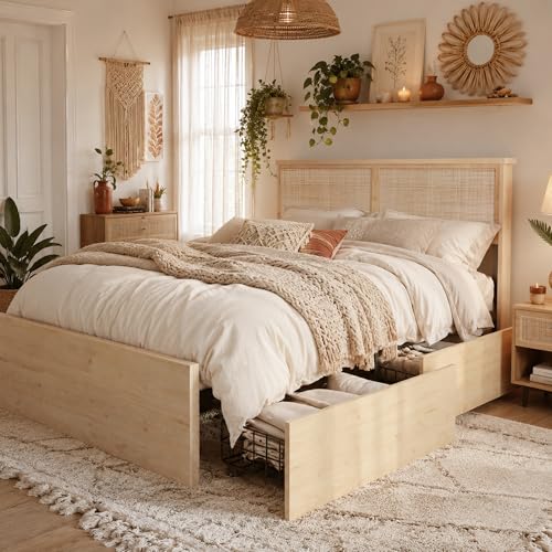 Natural Rattan King Bed Frame with Headboard, 4 Storage Drawers, view 2