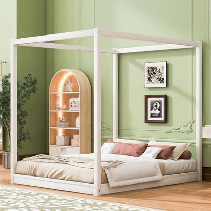 Queen Size Canopy Bed, Wood Queen Platform Floor Bed with Slat Support, view 2