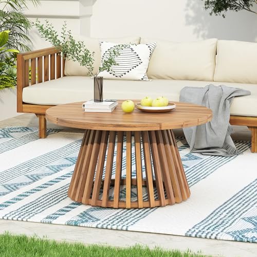 Light teak round acacia wood patio coffee table, view 2