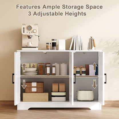 Modern Sideboard Buffet Cabinet, Coffee Bar Storage Cabinet with Doors and Adjustable Shelves, Kitchen Storage Cabinet for Dining Room, Living Room, White