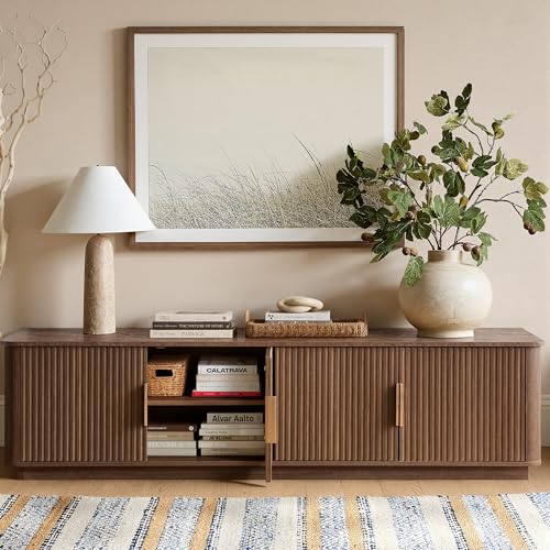 67" Fluted TV Stand with Storage, Faux Marble Top, Walnut, view 6